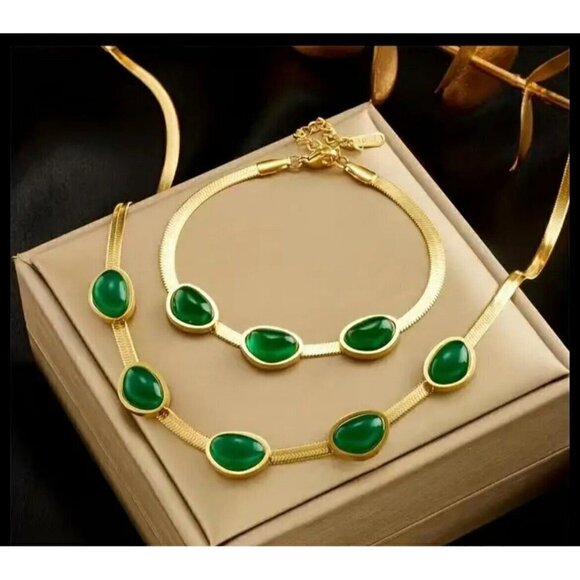18K Gold Plated green Emerald Necklace SET Stainless Steel womens jewelry green - Picture 12 of 13